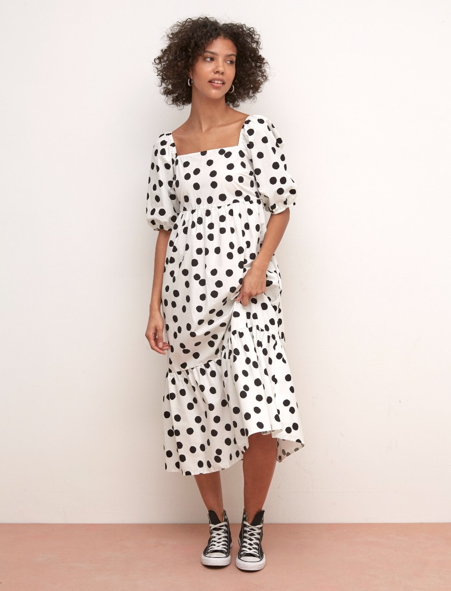 White and Black Spot Poplin Kendall Midi Dress