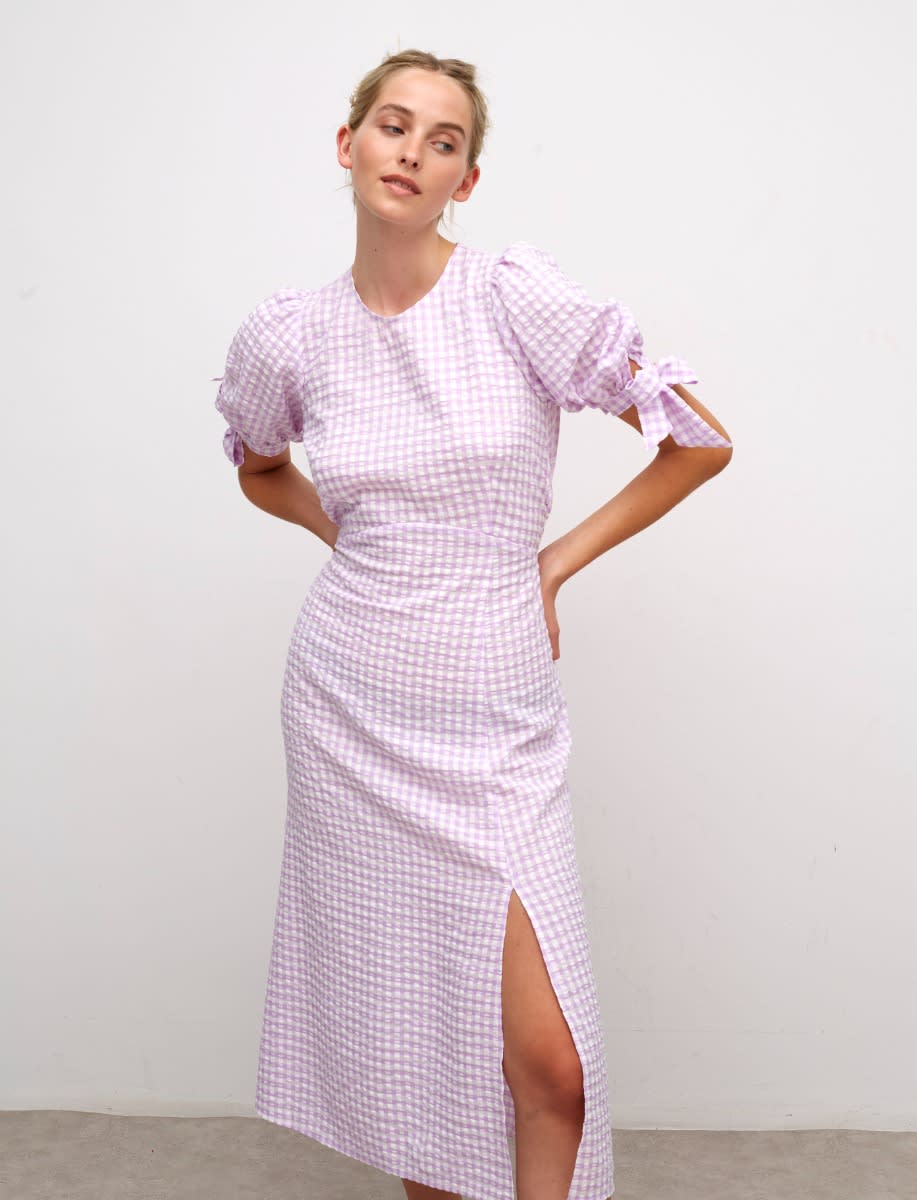 Lilac Textured Gingham Esme Tie Sleeve Midi Dress
