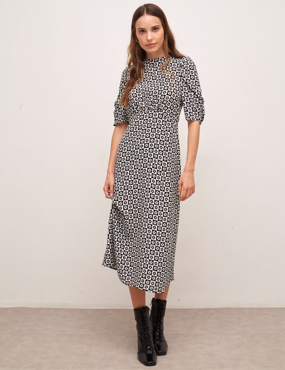Checkerboard Evie Ruched Sleeve Midi Dress