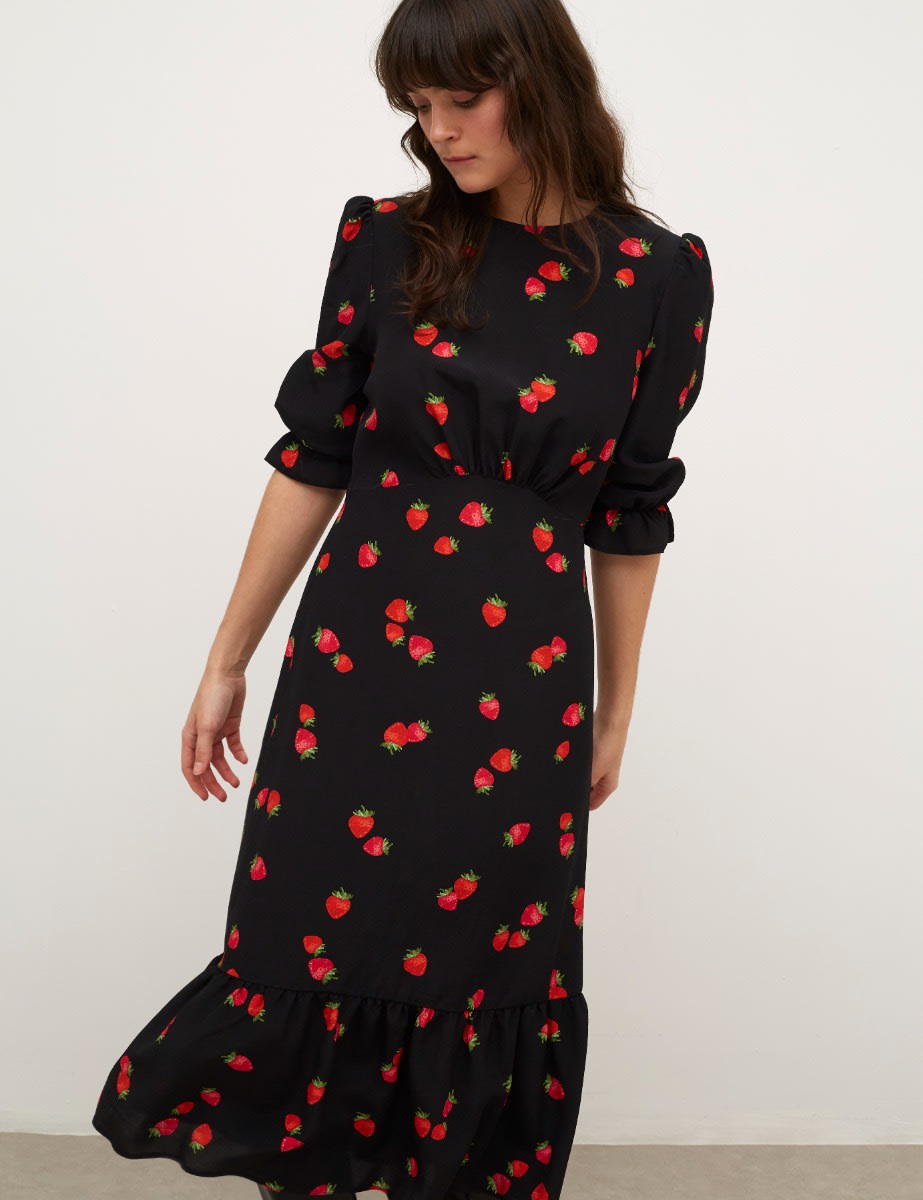 Selena Black Strawberry Midi Dress