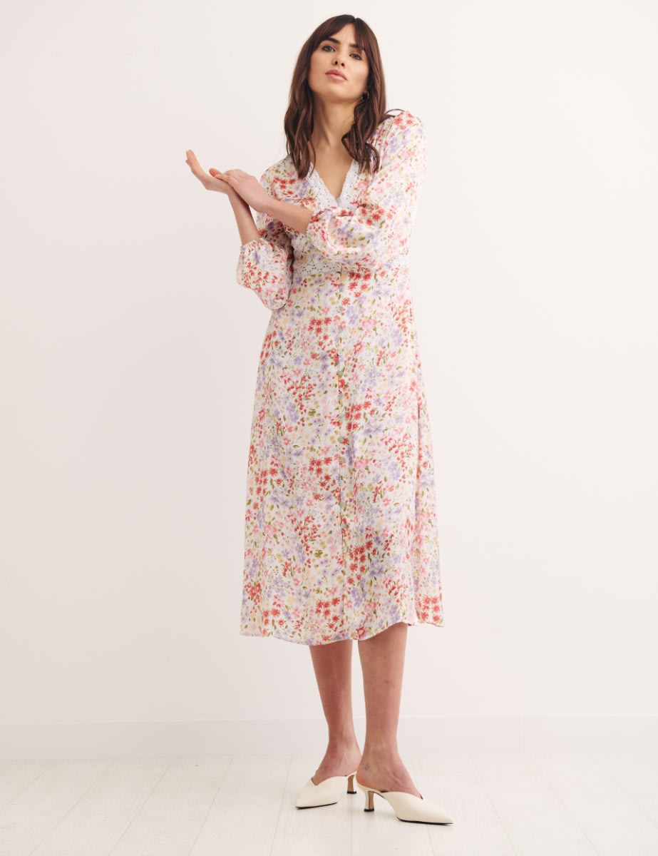 Multi Big Floral Sephora Lace Trim Midi Dress