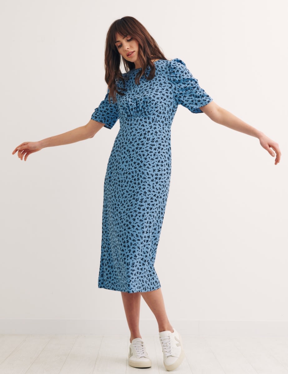 Ditsy Floral Evie Ruched Sleeve Midi Dress 