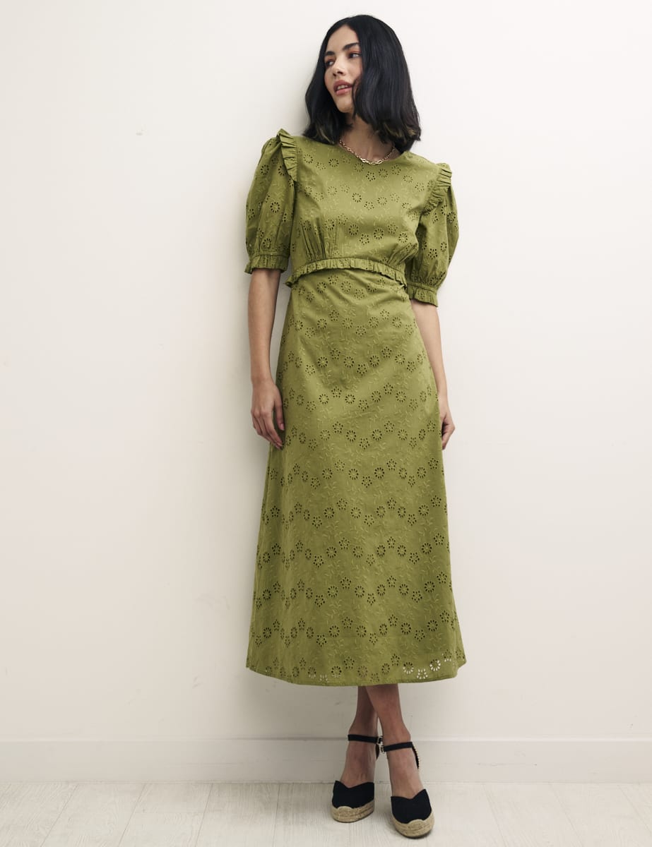 Olive Green Felicia Broderie Midi Dress