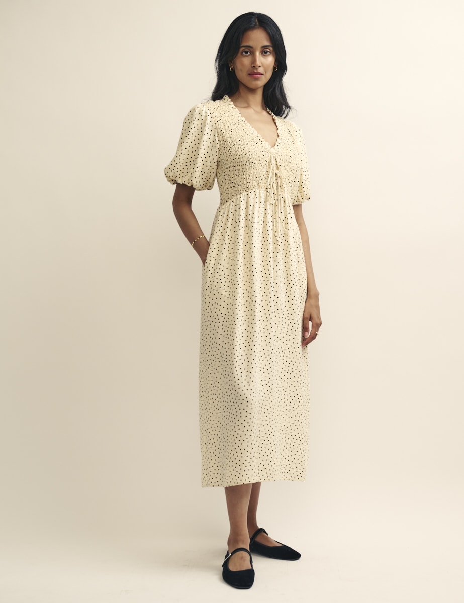 Cream Spot Shirred Bodice Leiza Midi Dress | Nobody's Child