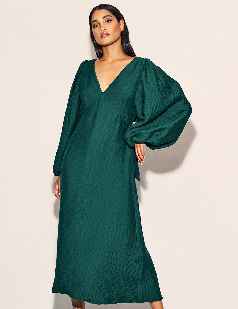 Forest Green Balloon Sleeve Zendaya Midaxi Dress