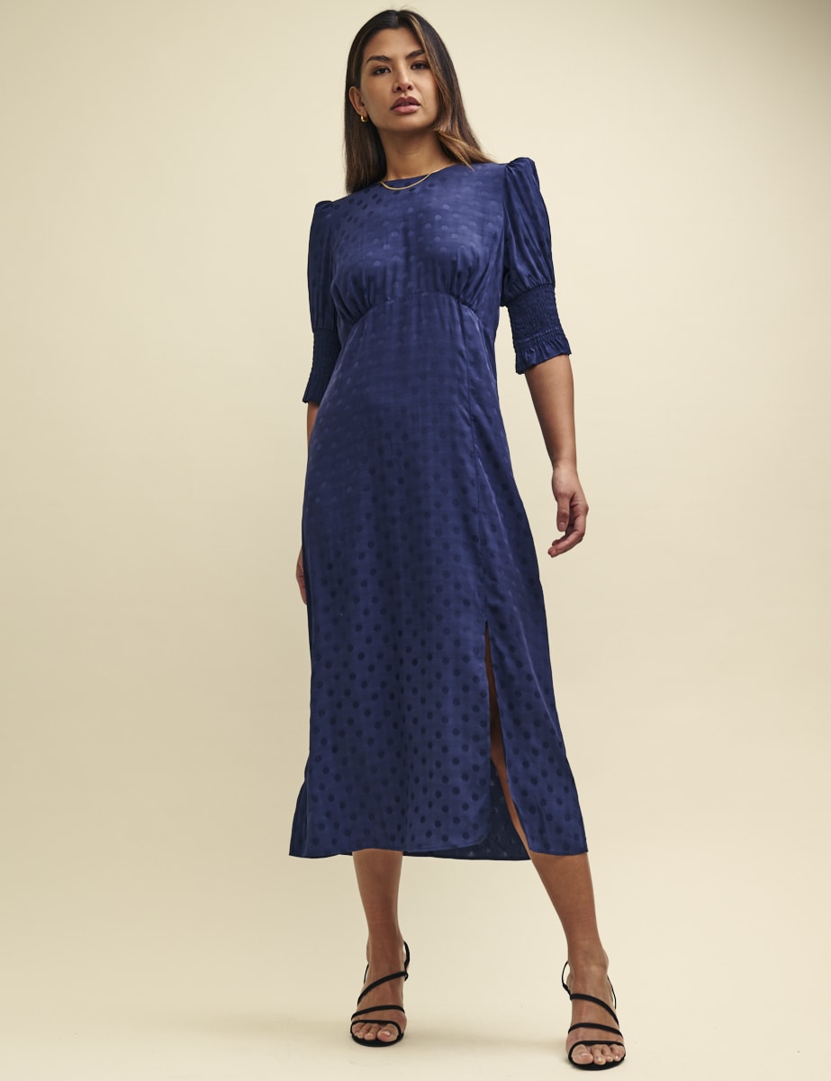 Blue Satin Jacquard Luna Midi Dress