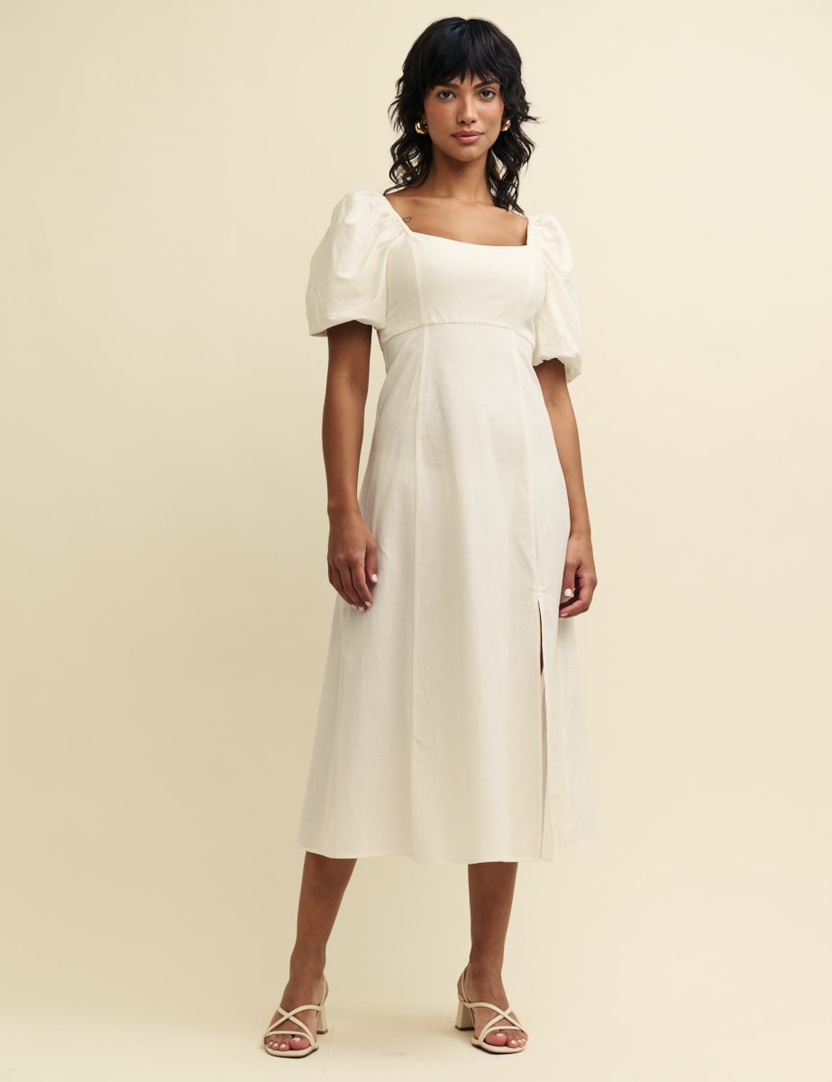 Cream Linen-blend Henri Midi Dress