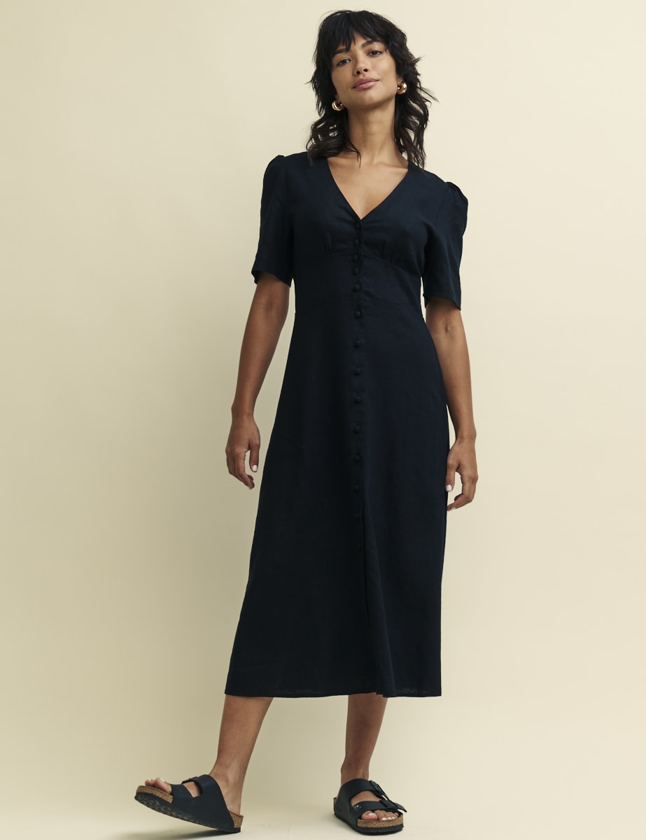Black Linen-blend Alexa Midi Dress