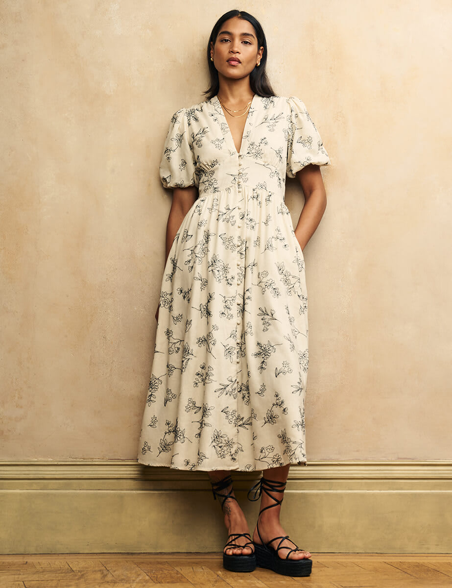 Cream Embroidered Linen-blend Starlight Midi Dress