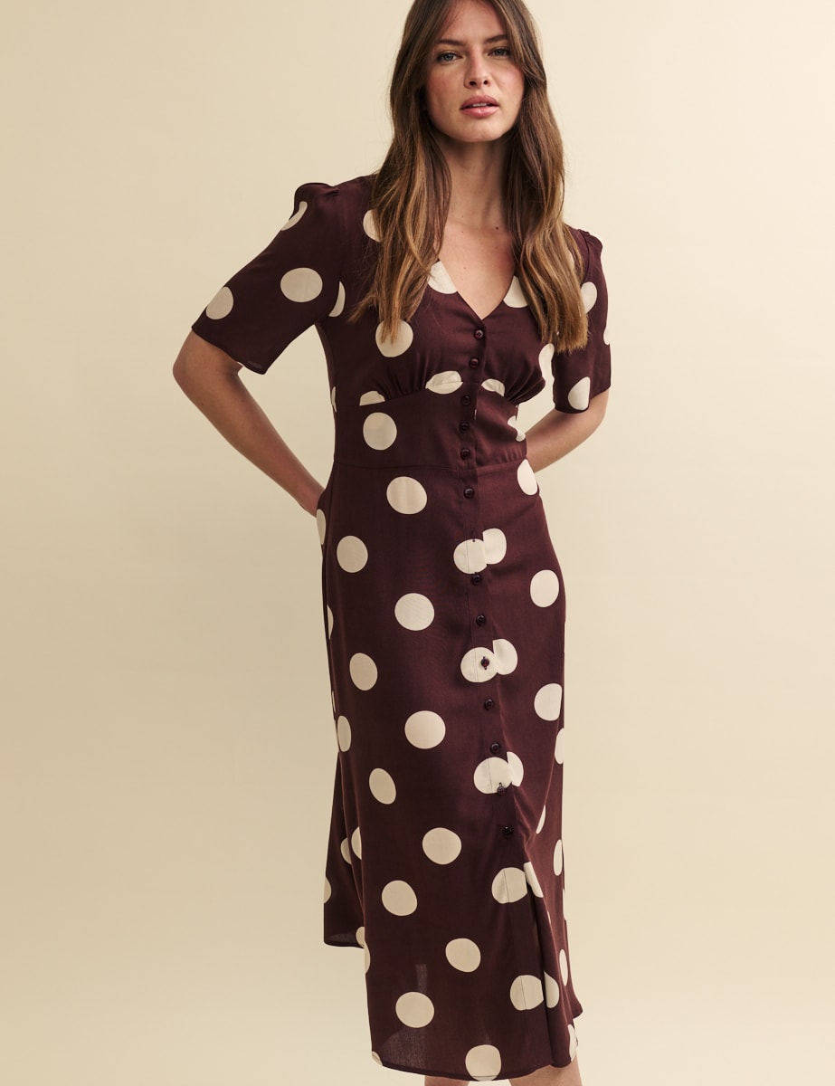 Brown Spot Print Alexa Midi Dress