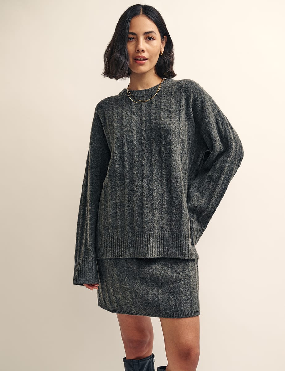 Grey Cable Crew Neck Oversized Knitted Jumper