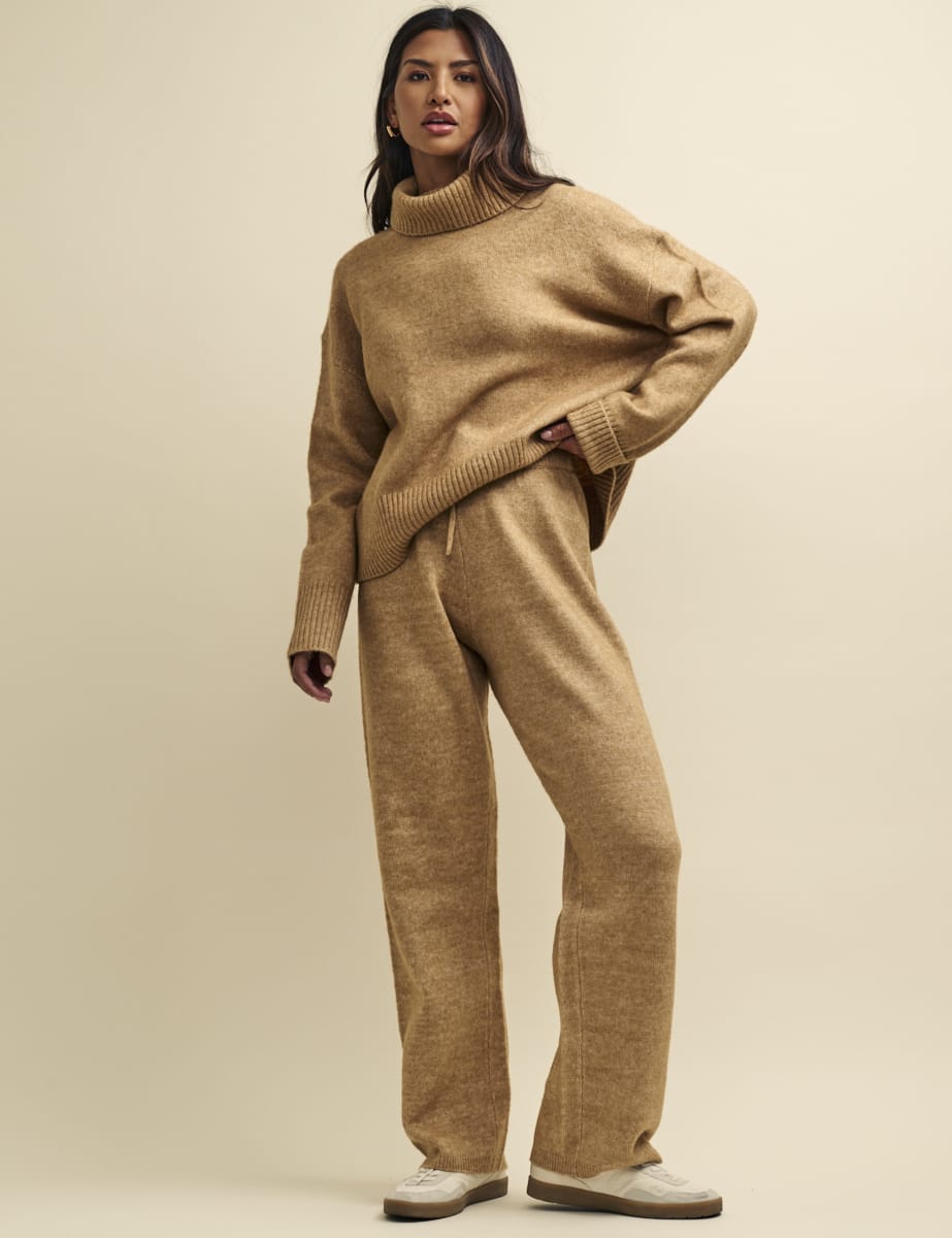 Camel Knitted Wide Leg Trousers | Nobody's Child