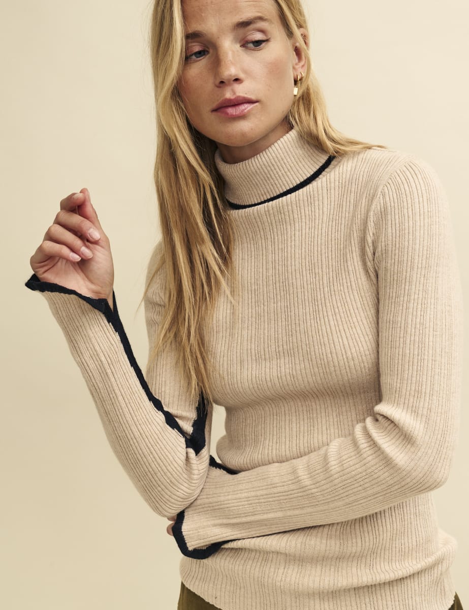 Cream Wool-Blend Contrast Trim Ribbed Roll Neck Top