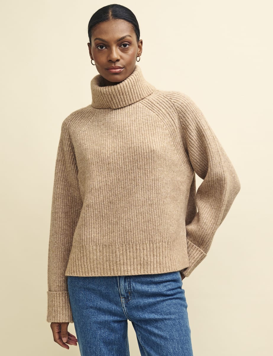 Camel Roll Neck Chunky Knitted Jumper