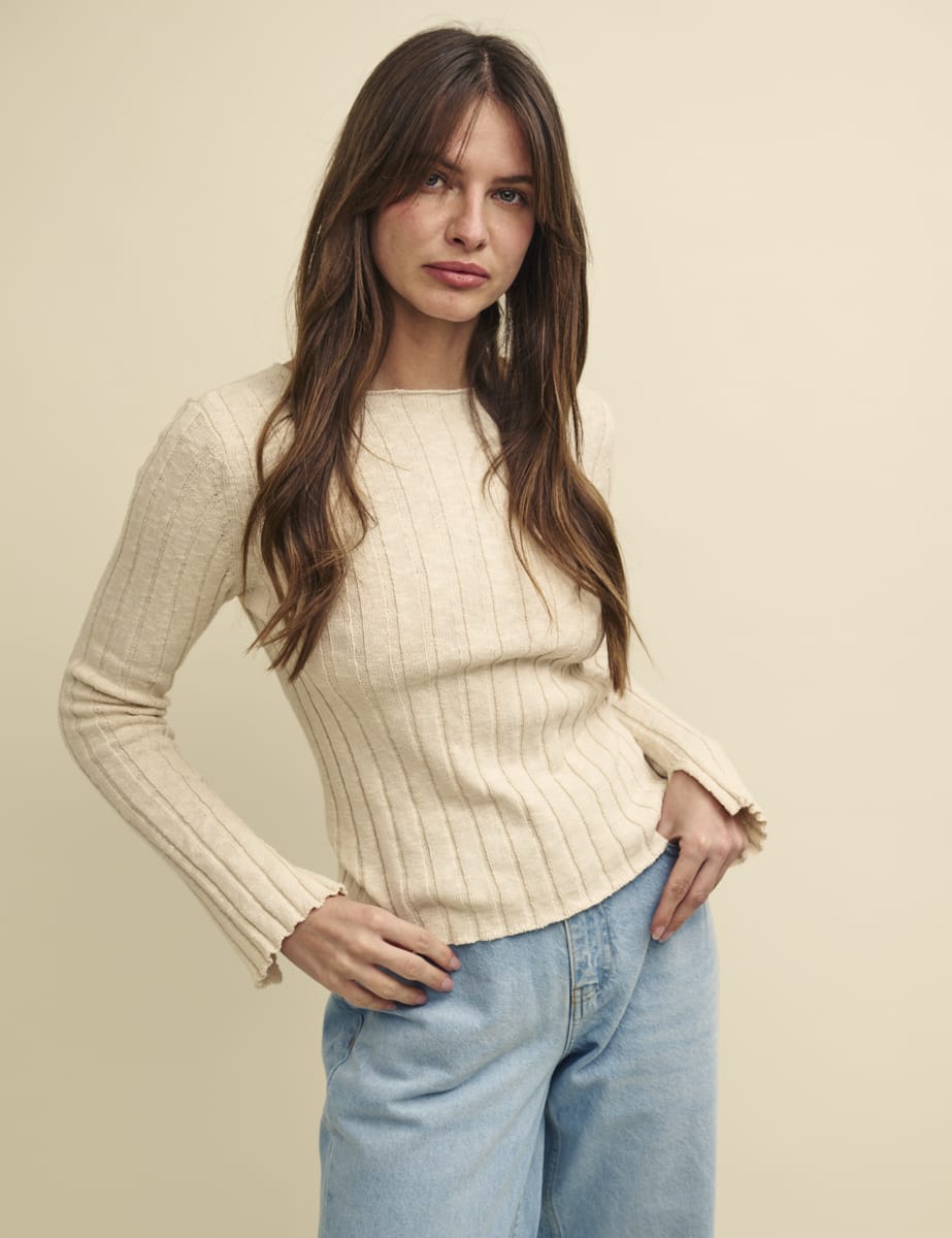 Cream Boat Neck Rib Knitted Top