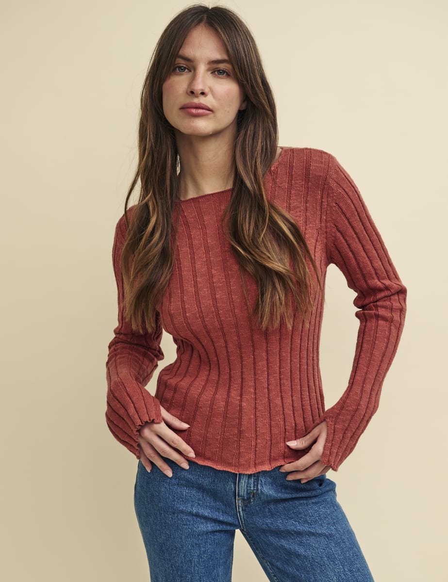 Brown Boat Neck Rib Knitted Top