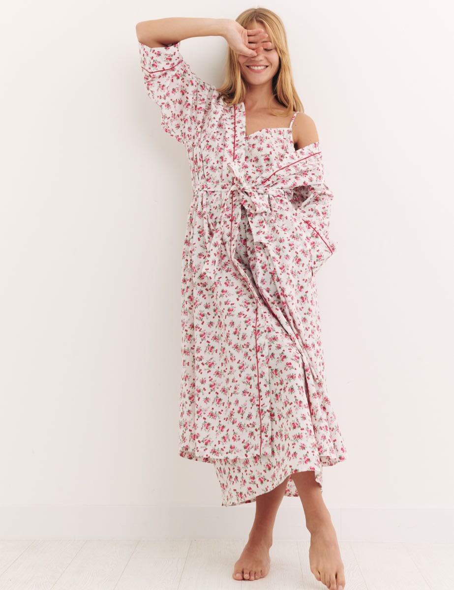 White Red Floral Fiona Long Soft Robe
