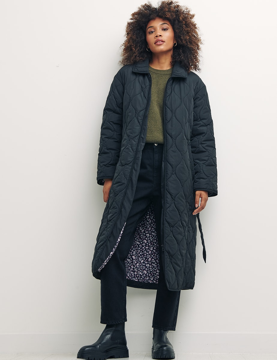 Black Carrie Long Swirl Belted Quilted Jacket