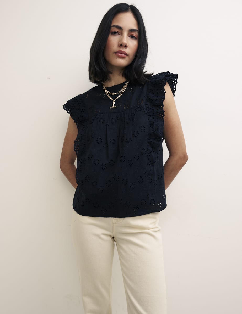 Black Broderie Frill Sleeve Una Top