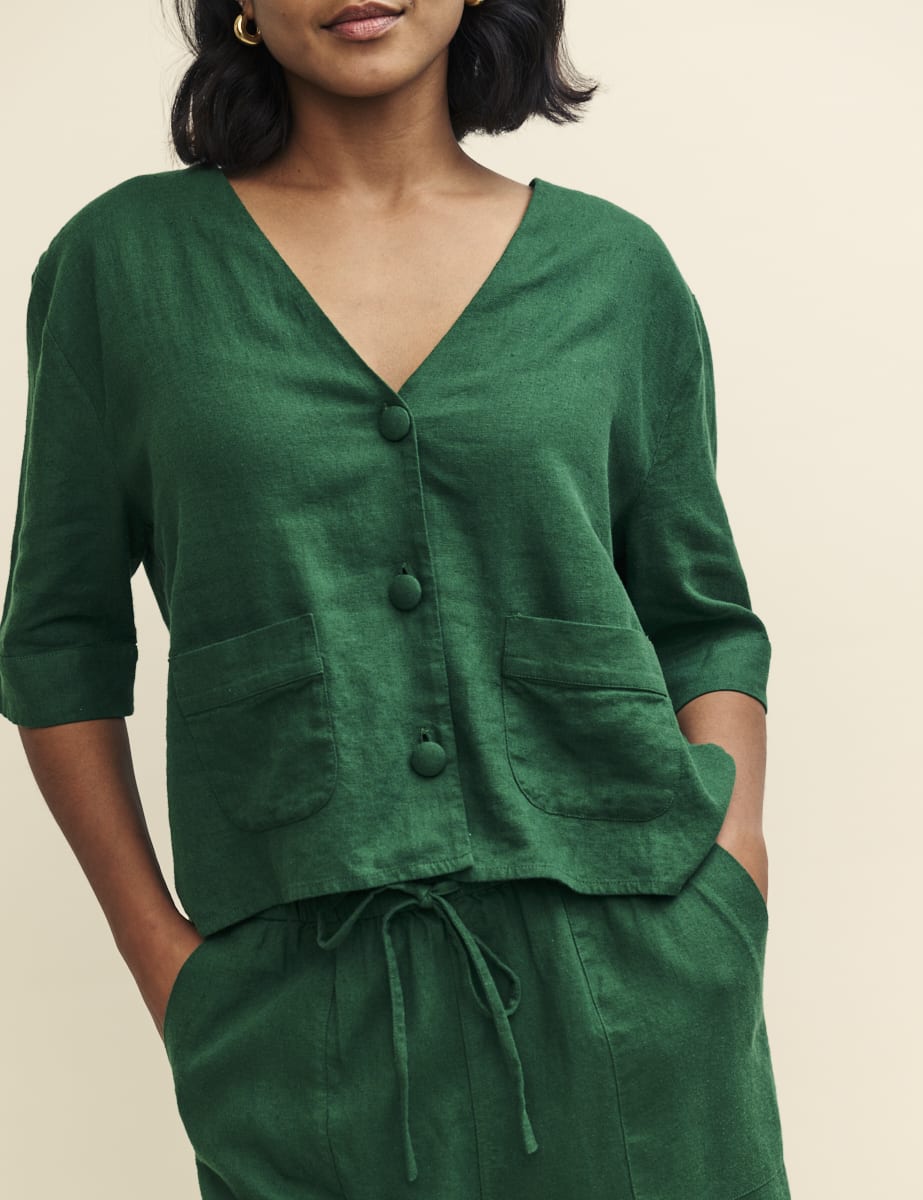 Green Linen-blend Short Sleeve Shirt