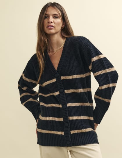 Fearne Cotton Camel Stripe Oversized Half Zip Funnel Neck Knitted Jumper