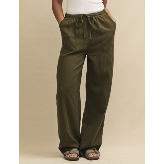 Khaki Green Linen-blend Drawstring Trousers
