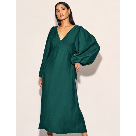 Forest Green Balloon Sleeve Zendaya Midi Dress | Nobody's Child