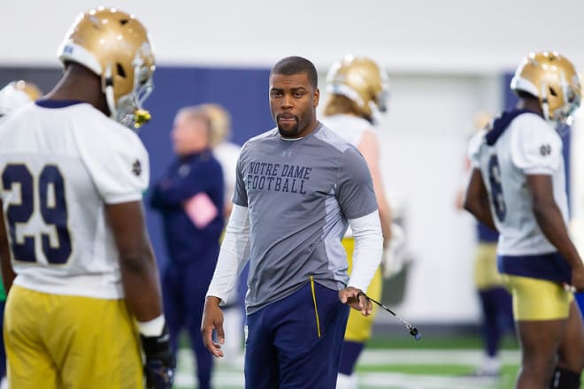 Notre Dame cornerbacks coach Mike Mickens at practice 