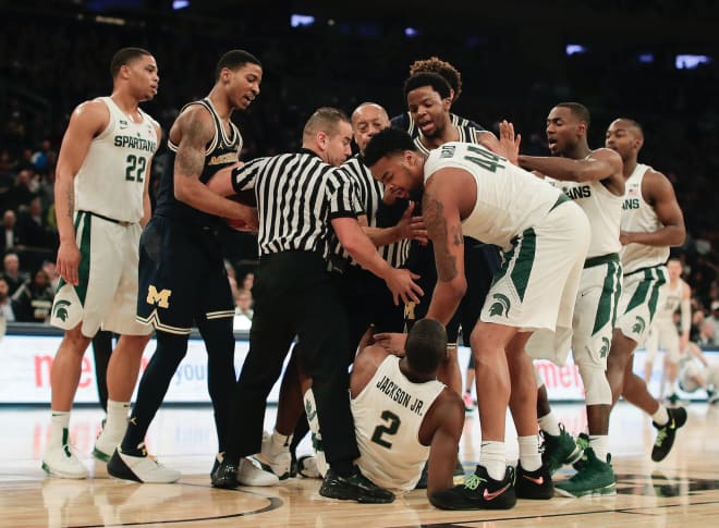 A scuffle between the Michigan Wolverines' basketball team and MSU in 2018.