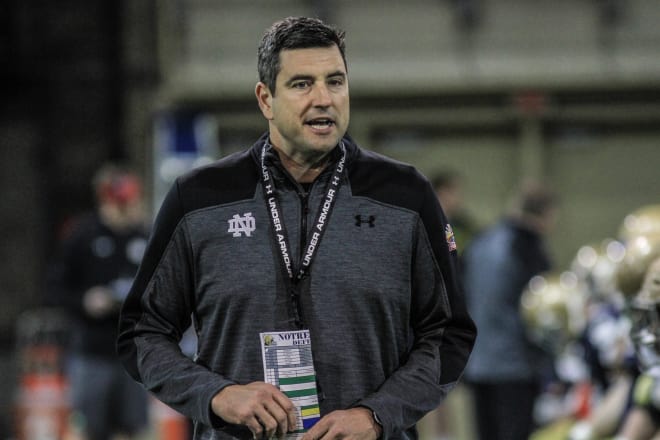 Notre Dame defensive line coach Mike Elston at practice