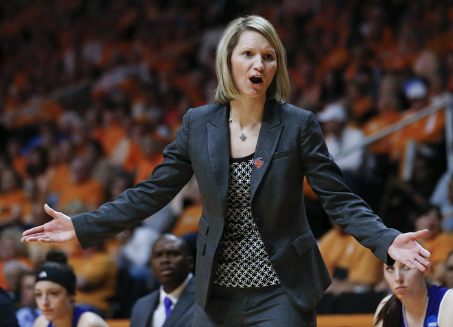 Brooke Stoehr argues a call at Tennessee during the NCAA Tournament in 2014.