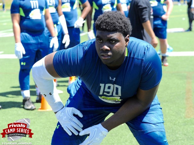 Four-star OL Mekhi Becton has become a fixture in Charlottesville this spring.