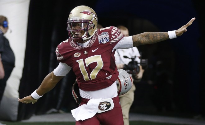 Deondre Francois runs out onto the field before the 2015 Chick-fil-A Peach Bowl.
