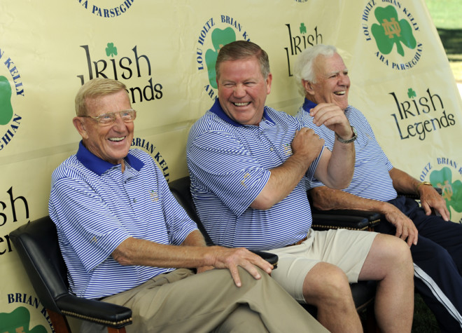 Current head coach Brian Kelly is flanked by Notre Dame legends Lou Holtz and Ara Parseghian.