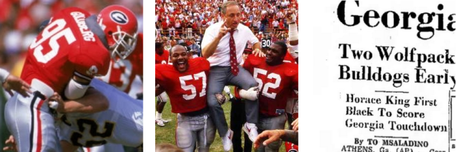 "95" (L to R) is for number 95 Bill Goldberg; signifies Georgia's lone win over a No. 1-ranked opponent; and, despite what is now an unimaginable newspaper subheading, represents a historical moment in UGA football history.