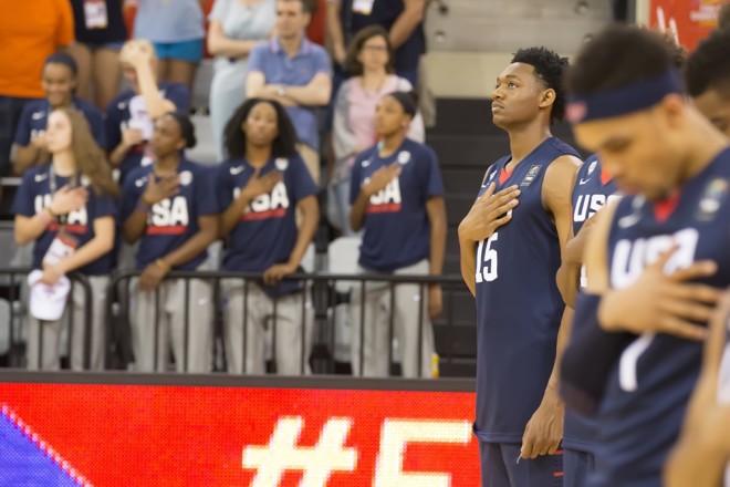 Wiley stands at attention for the National Anthem Friday before facing off against Turkey.