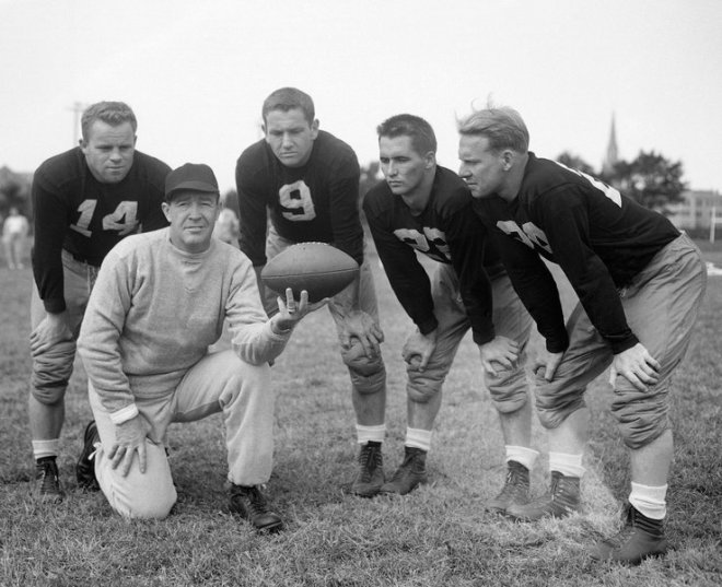 Frank Leahy, shown with his 1949 backfield,  expanded Notre Dame football to new heights with four national titles in the 1940s.