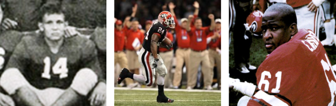 "61" is for (L to R) Big-Play RYALS LEE; KNOWSHON MORENO in the '08 Sugar Bowl; and, No. 61 the "Meat Cleaver," EDDIE WEAVER.