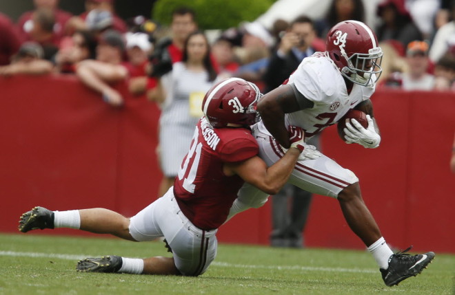 Sophomore running back Damien Harris was named MVP of the A-Day game with 20 carries for 114 yards for the White team.