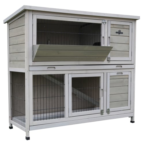 Confidence Pet Rabbit Hutch, 4ft 2-Story with Ramp Wooden Hutch, Taupe