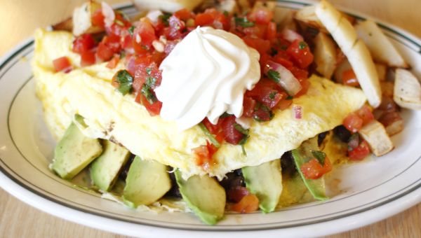 eggs, avocado, sour cream, omelet