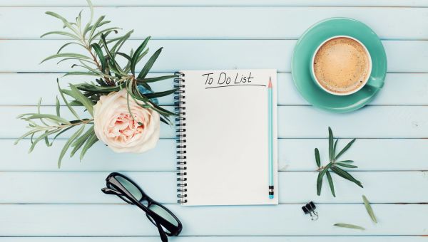 tea, coffee, flower, to do list, glasses