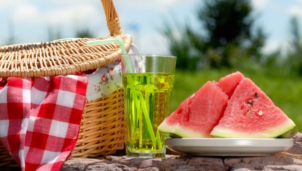 watermelon, picnic, picnic basket, drink, green drink, watermelon seeds, fruit, outdoor eating