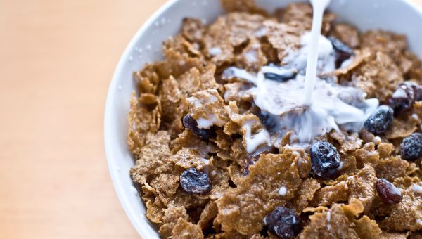 Bowl of bran cereal in a bowl with milk.