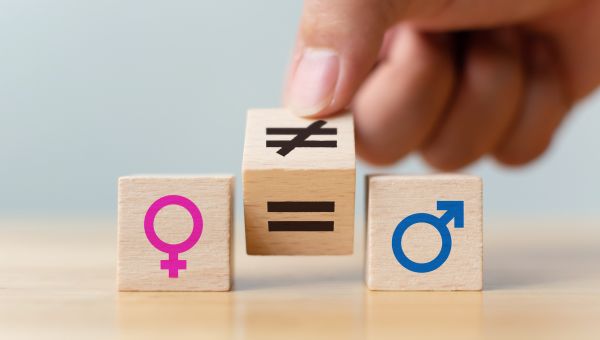 an image of three wooden blocks; on the left, the female sign, in the middle a block with both equal and unequal symbols, and on the right the male sign