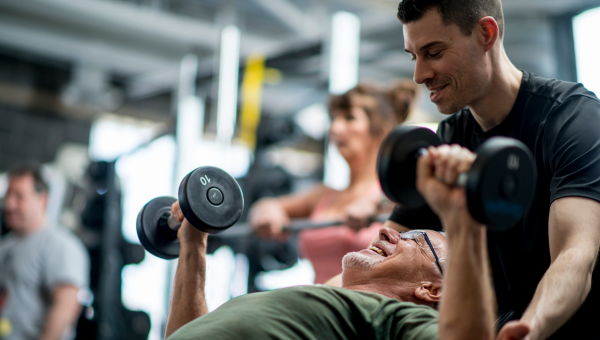 senior man on a weight bench gets assistance from a personal trainer spotting him while he lifts dumbbells