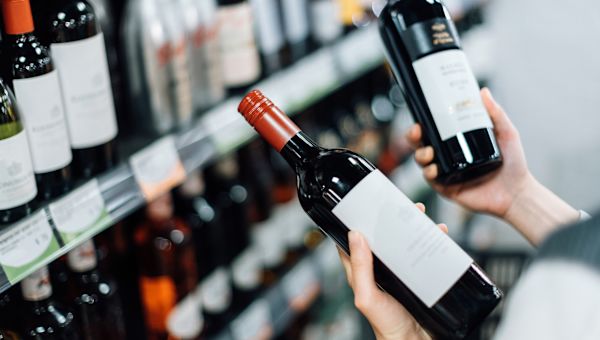 Someone looking at red wine in a store