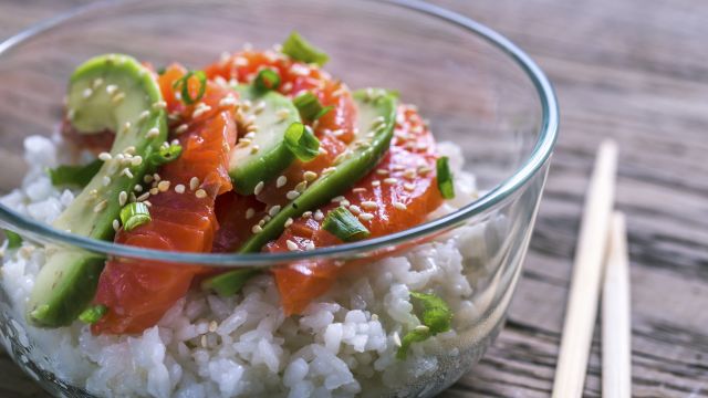 White rice with salmon and avocado