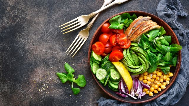 chicken salad with veggies, colorful vegetables, raw vegetables