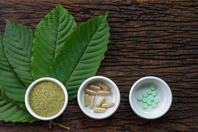 kratom leaves, powder and pills